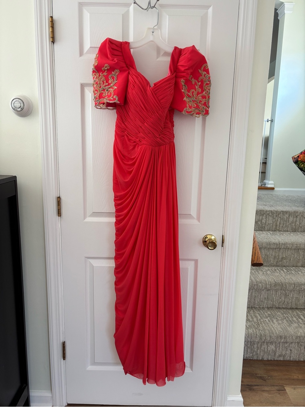 Authentic Filipiniana Evening Gown With Ruch Detailing and Gold Crystals